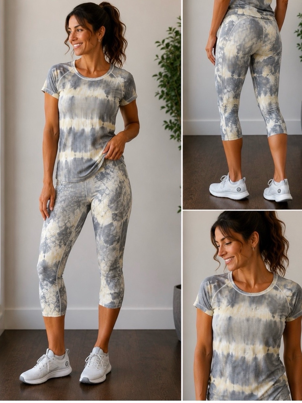 Lululemon Tie-Dye Capri Leggings and Tee Set - Gray & Cream